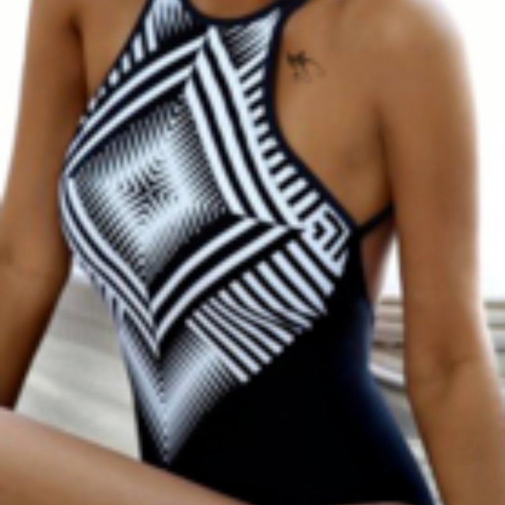 Geometric Pattern Printed Swimsuit Black White NEW
